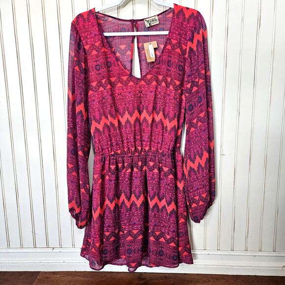 Show Me Your Mumu Rainy Mini Dress Size L NWOT Red Long Sleeve Boho V Neck - Picture 1 of 7